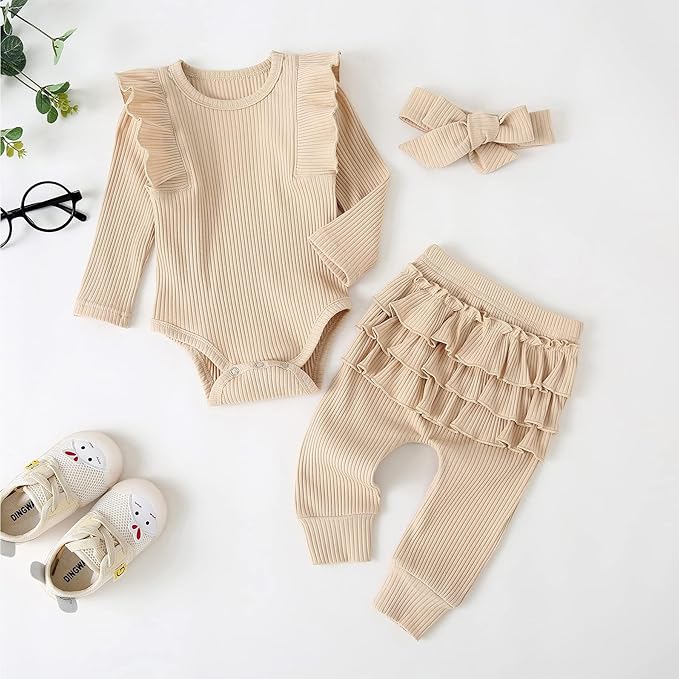 Fullfamous Baby Girl's 3pc Rib Frill Long Sleeve Romper and Pant Set