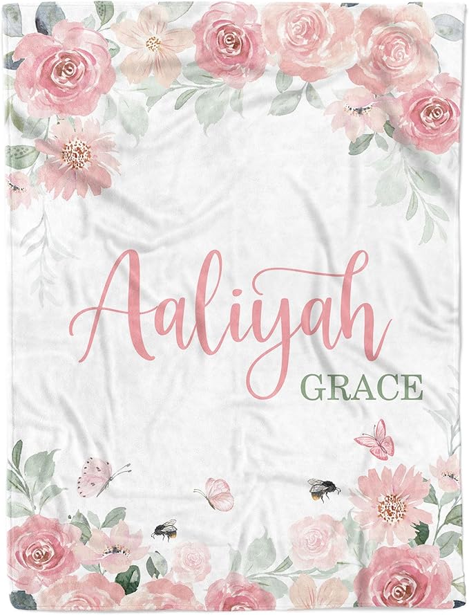 Arteaga Personalized Baby Blanket for Girls, Customized Floral Rose Blanket for Newborn, Super Soft Plush Fleece, 30''x40''