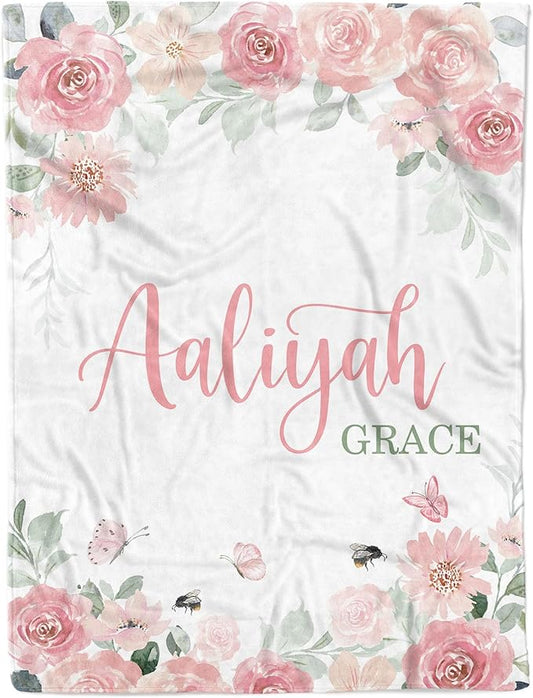 Arteaga Personalized Baby Blanket for Girls, Customized Floral Rose Blanket for Newborn, Super Soft Plush Fleece, 30''x40''