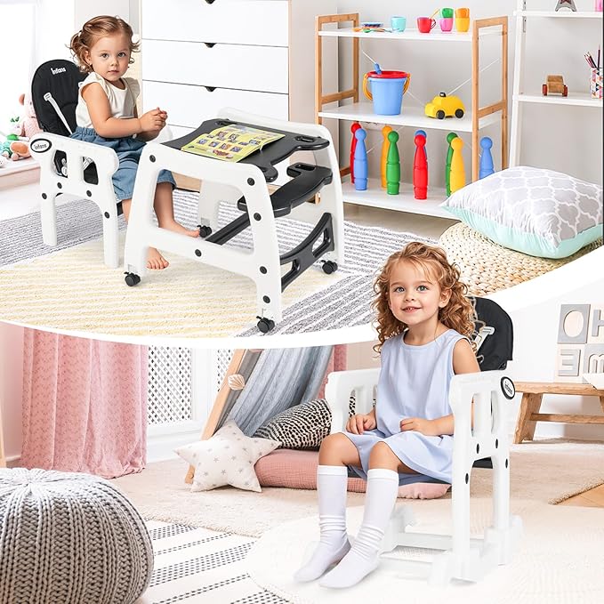 INFANS 5 in 1 Baby High Chair, Convertible Toddler Table Chair Set, Rocking Chair, Multi-Function Seat with Lockable Universal Wheels, Adjustable Seat Back, Removable Trays (Black)