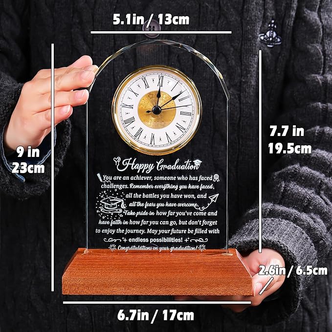 Glass Clock Graduation Gifts for Women Men with Wooden Light Base Class of 2025 Graduation Keepsakes for Her Him Inspirational Gifts Idea for College High School PHD Masters Degree