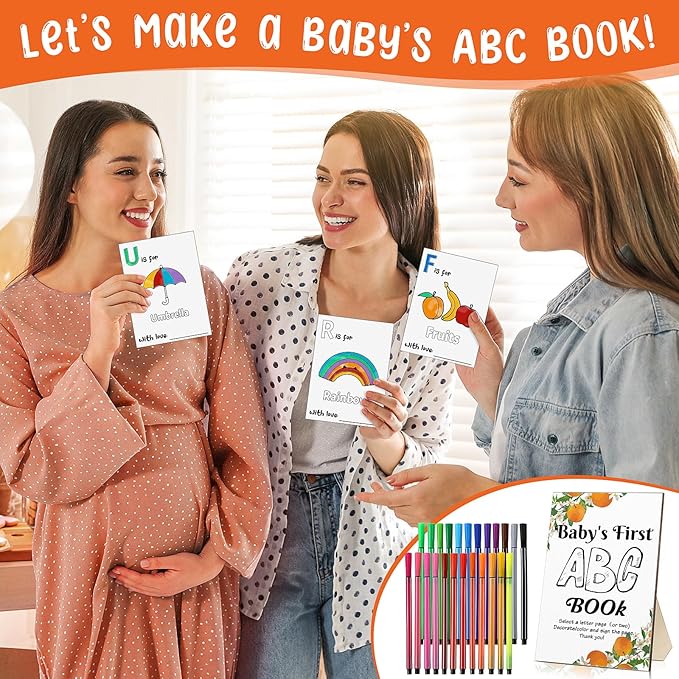 Geelin 51 Pcs Fun Baby Shower Game Activities First ABC Book Sign Coloring Game Card 26 Alphabet a to Z Coloring Card with 24 Watercolor Pen Storage Bag for Baby Shower Party(Orange Tree)