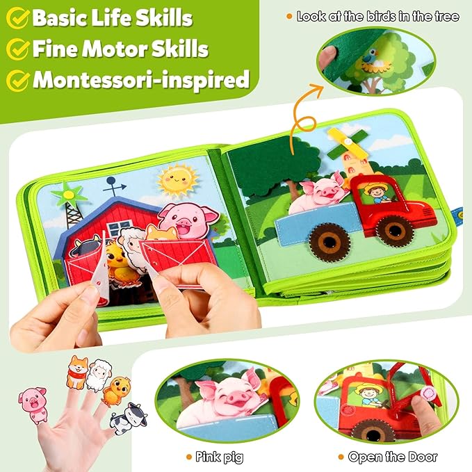 GOLIYEAN Montessori Busy Book for Toddlers 1-3, Montessori Toys Busy Board for 1 Year Old Boy Girl Birthday Gifts, Educational Learning Sensory Activity Books, Quiet Book Travel Toys for Airplane Car