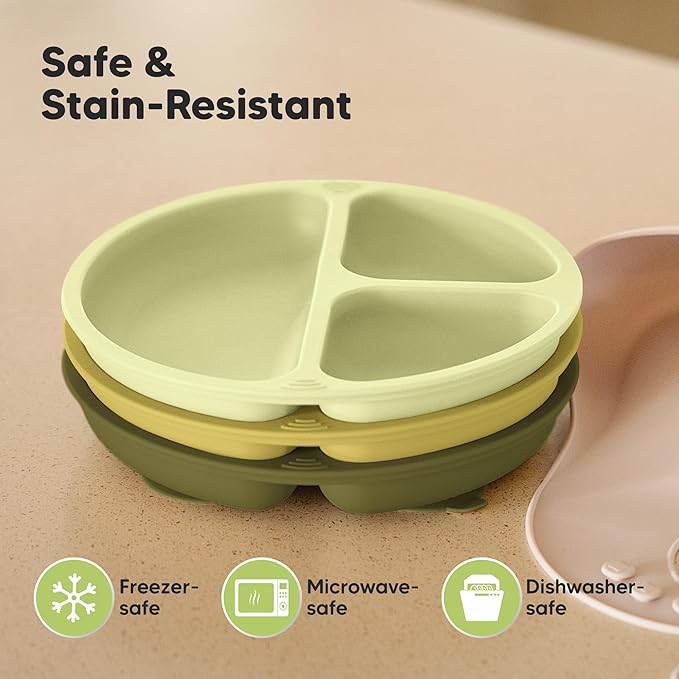 KeaBabies Suction Plates for Baby, Toddler - 3-Pack 100% Silicone Toddler Plates with Suction, Divided, BPA-Free Baby Led Weaning Essentials for Kids, Dishwasher, Microwave Safe, Durable (Olives)