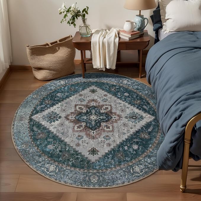 Ciicool Boho 5x5ft Round Area Rug Washable Bedroom Rug Non-Slip Oriental Entryway Throw Rug Low-Pile Indoor Circle Carpet for Dining Room
