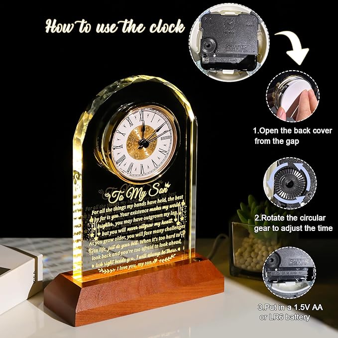 Meaningful Glass Clock Gifts for Son from Mom Dad Graduation with Wooden Light Base I Love You Personalised Glass Plaque Presents for Best Son Birthday Keepsakes for Him Table Decor