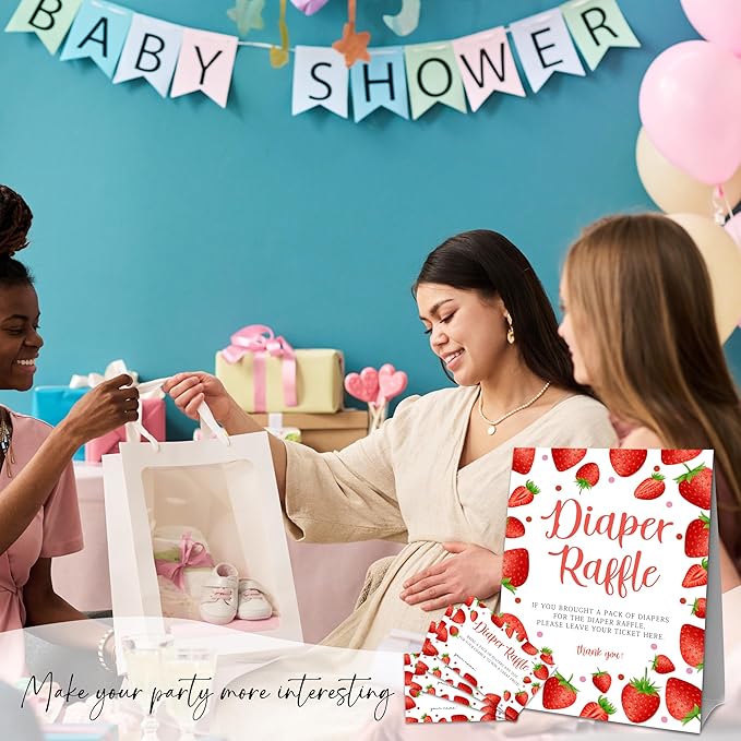 Strawberry Diaper Raffle Set For Baby Shower - 50 Raffle Tickets With 1 Standing Sign - Baby Announcement, Gender Reveal Baby Shower Party Decoration Game Set - A08