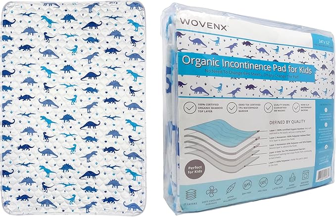 Organic Incontinence Pads for Kids & Toddlers - 5 Layer Waterproof Protectors for Overnight Bed Wetting - Reusable & Washable Pee Pads - Fits Twin to Full Size Beds - 34" x 52" Dinosaur