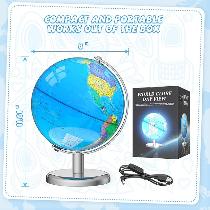 Illuminated World Globe for Children – 8" Globe Lamp with World Map for Kids, Stable Heavy Metal Base, Interactive STEM Learning Gift & Night Light