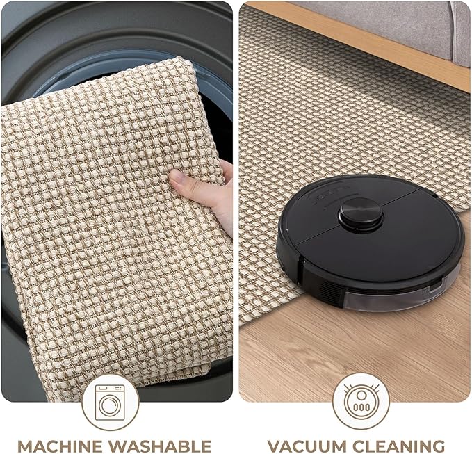 KOZYFLY Runners for Hallways 2x8 ft Washable Kitchen Runner Non Slip Rubber Backed Hall Runners Cotton Entryway Runner Rugs Floor Carpet for Indoor Backdoor Bedroom Kitchen, Ivory/Khaki