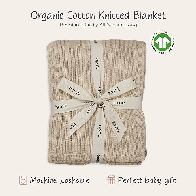 Knitted Organic Cotton Baby Blanket- Swaddle Blanket, 30" x 40" Soft Receiving Blanket for Newborn (Ribbed - Fog)