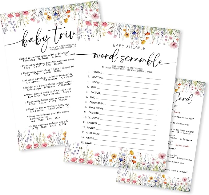 Wild Floral Baby Shower Game - Word Scramble,Baby Trivia-2 Games, 30 Pcs Double Sided Theme Game Cards With 1 Answer Card For Boy Girl, Gender Reveal Games, Baby Shower Favor And Decorations - A06