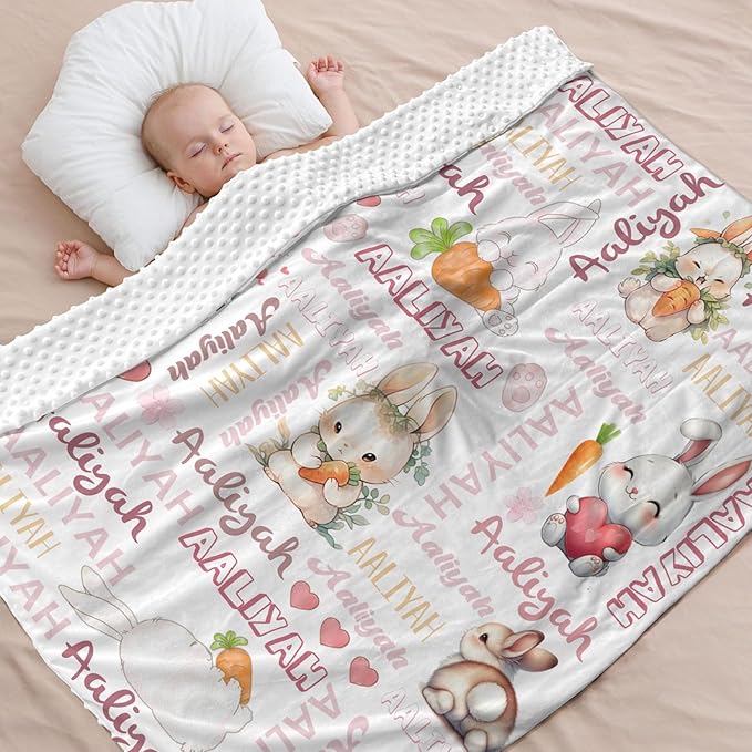 Custom Baby Blanket for Girls Rabbit Personalized Baby Blankets with Name Dotted Backing Customized Gifts for New Mom Customize Baby Blanket for Kids Newborn Birthday Pink