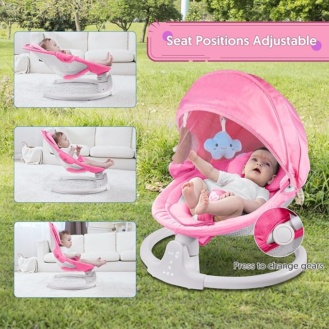 Bluetooth Baby Swing for Infants, Compact & Portable Baby Swing for Girl, 3 Seat Positions, 5 Swing Speed, 10 Music, Remote Control, USB Plug-in Power, Reversible Cushion for All Seasons