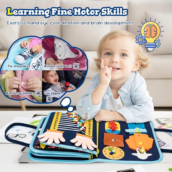 Toddler Busy Board Book Montessori Toys for 1 2 3 4 Years Old,Sensory Board Educational Activities for Learning Fine Motor Skill,Toy for Boy & Girl Birthday Gift,Toddler Toy for Airplane Car Travel