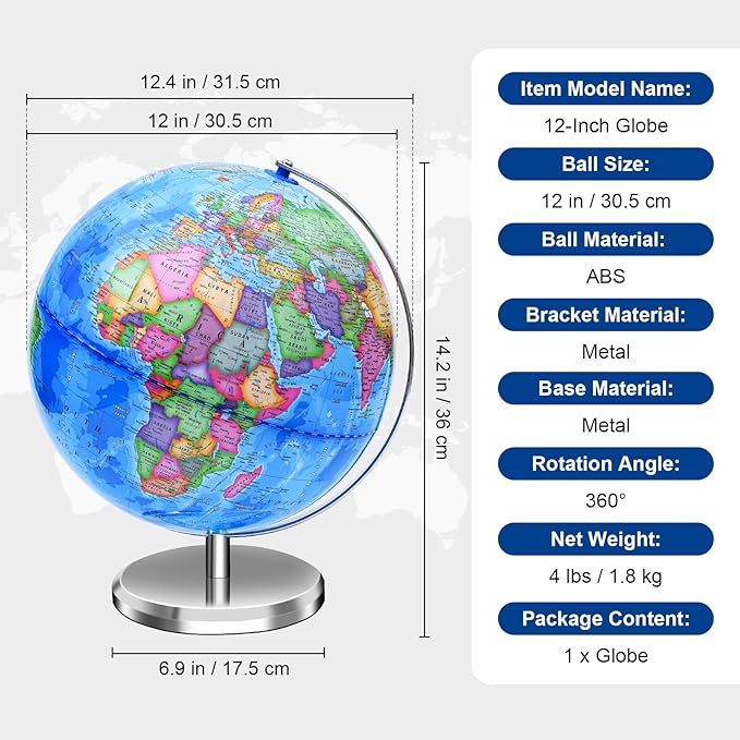 World Globe for Children and Adults, 12 inch Educational Spinning Earth Map with Stand, Self-Assembled Interactive World Globes for Kids Learning, Classroom, Students Desk, Room and Office Decor