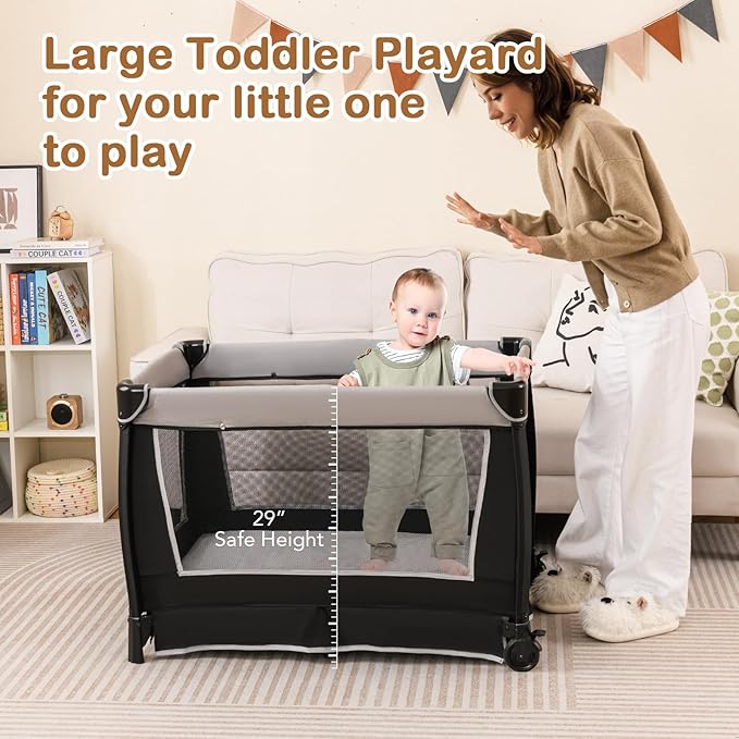 HONEY JOY Pack and Play, 5 in 1 Portable Infant Playpen with Bassinet & Changing Table, Storage Bag, Music Box, Toys, Carry Bag, Nursery Center, Baby Playard Pack n Play Crib for Boys Girls