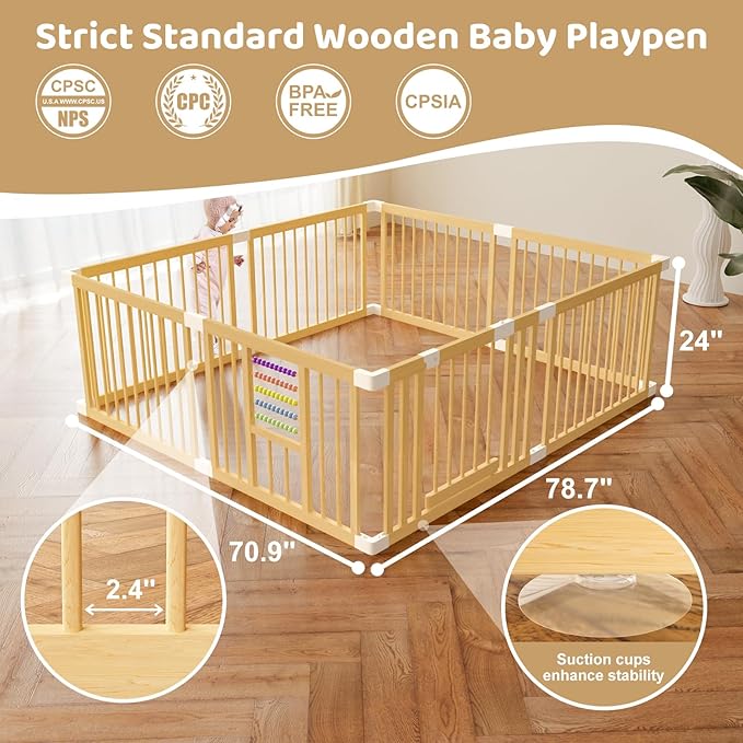 Baby Playpen with Gate, Wooden Playpen for Babies and Toddlers, Baby's Play Yard with Colorful Acrylic Beads, Baby Fence Play Area with Suction Cups, Extra Large Play Pen Area Indoor(79*71*24Inch)