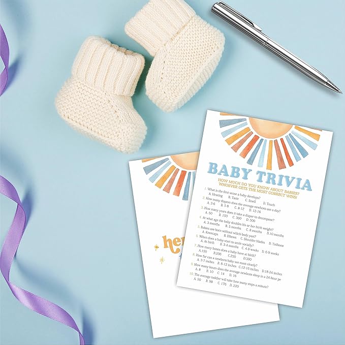 Sunshine Baby Trivia Shower Game Kit - Retro Here Comes The Sun - 30 Fill In Game Cards & 1 Answer Card For Baby Shower, Gender Reveal Party Favor, Activity & Supplies - A07