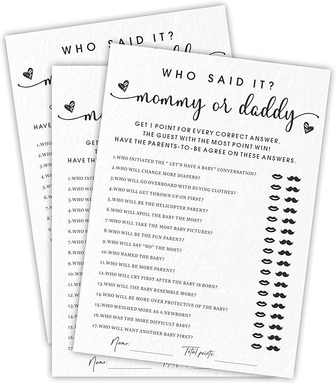 EXW Baby Shower Games, Who Said It Mommy Or Daddy, Double-Sided Filling White Minimalism Game Cards, Baby Shower Activity, Party Supplies & Decorations, Set of 30 -A03