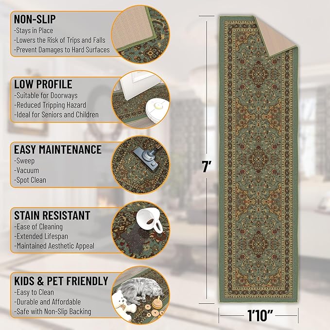 Ottomanson Hallway Runner Rug 1'10" x 7' Non Slip Oriental Area Rugs Easy to Clean Laundry Rug Runner Durable & Pet Friendly Floor Carpet Runners for Hallways Entryway Kitchen, Seafoam Green