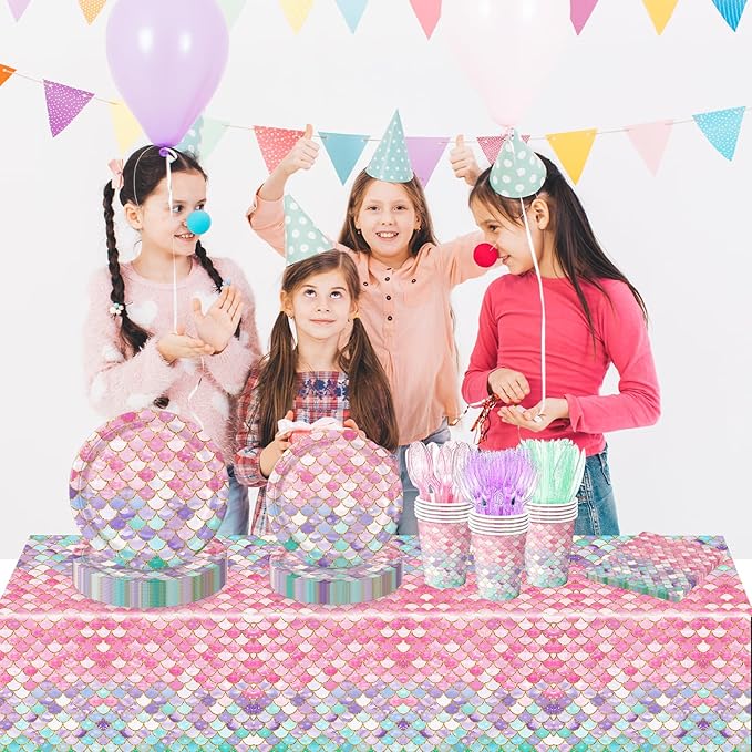 168Pcs Mermaid Birthday Decorations Mermaid Party Supplies Includes Plates, Napkins, Cups, Cutlery for Girls Baby Shower Ocean Birthday Party Decorations, Serves 24