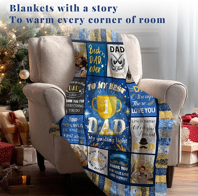 Personalized Fathers Day Birthday for Dad Custom Throw Blanket with Pictures, Customized Photo Blankets Gift for Daddy Men Grandpa Husband from Daughter Son Kids Wife (Bule Grid dad)