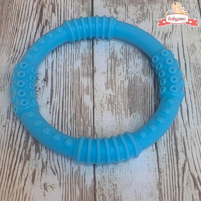 Babynow Teething Rings - Sensory Teether Ring Pacifiers for Babies 0-12 Months Sensory Chew Toy Safe Toddler Comforter Soother Infant Dummie Toy - Blue 2 Pack