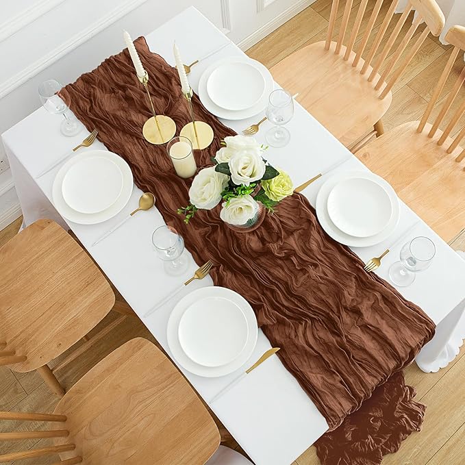 12Pack Brown Table Runner 35 x 120 inch Cheesecloth Table Runner 10FT Boho Table Runners Rustic Gauze Cheese Cloth Table Runners for Party Wedding Birthday Dining Bridal Shower Baby Shower Decor