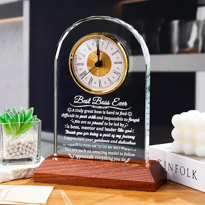 Glass Clock Best Boss Ever Gifts for Women with Wooden LED Light Base, Personalized Appreciation Gift for Men, Retirement Clock for Lady Boss Going Away, Boss's Day Gift Idea for Office Desk Clock