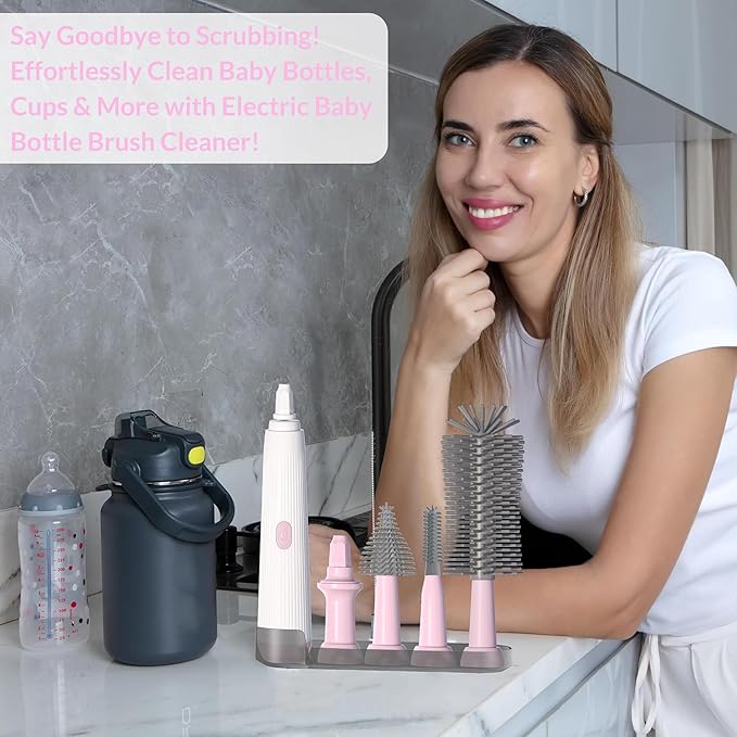 Electric Baby Bottle Brush Cleaner with Extended Handle & Drying Holder, Baby Bottle Brush Set with Silicone Bottle/Nipple/Crevice/Brush,Straw Cleaner,Lifesaver Automatic Bottle Cleaner,Gray