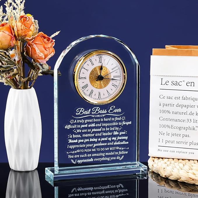 Glass Clock Best Boss Ever Gifts for Women Personalized Appreciation Gift for Men, Retirement Clock Gifts for Lady Boss Going Away, Boss's Day Gift Idea for Office Home Decoration Desk Clock