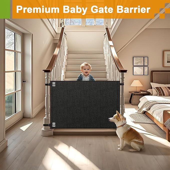 Baby Fabric Gate for Stairs Banisters - Dog and Pet Safety Barrier Gates for Stairway - No Drill Banister to Banister Baby Kids Gates for Stairs (Dark Gray, Wide 40" to 48" Height 34")