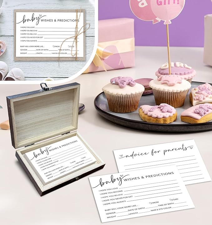 50Pcs Advice Cards for Baby Shower Games - Predictions & Advice Cards With Box for New Parents – Baby Shower Party, Wishes for Mommy & Daddy, Gender Reveal Boy or Girl(Minimalism) -A01