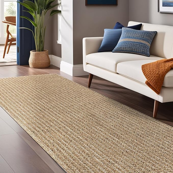 Easy Jute Rugs 2x7 Natural Color Living Room Indoor Outdoor Runner Rug for Farmhouse Patio and Kitchen Rug High Traffic Washable Easy to Clean Solid Boho Woven Design Outside Carpet (2 x 7)