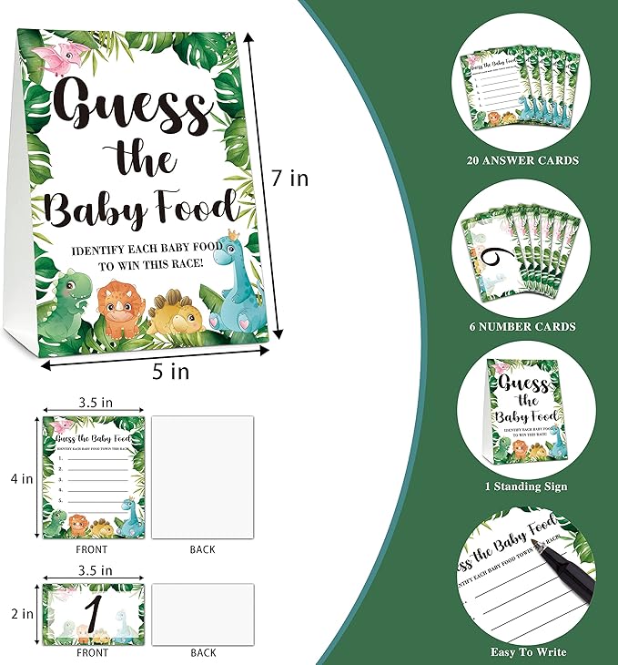 Baby Shower Game Set, Find The Baby Food Party Game(1 Standing Sign + 20 Answer Cards + 6 Number Cards), Safari Jungle Games for Boys and Girls, Dinosaur Gender Reveal Party Decor(A04)