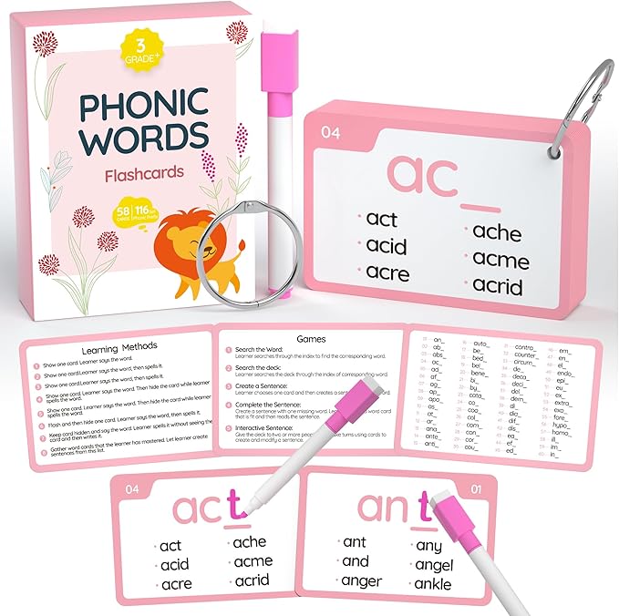 WJPC 116 Set Phonics Prefix Suffix Sigh Words Flash Cards for 7,8,9,10,11,12 Years 2nd, 3rd, 4th, 5th Grade Boys&Girls&Kids Learning Writing Reading