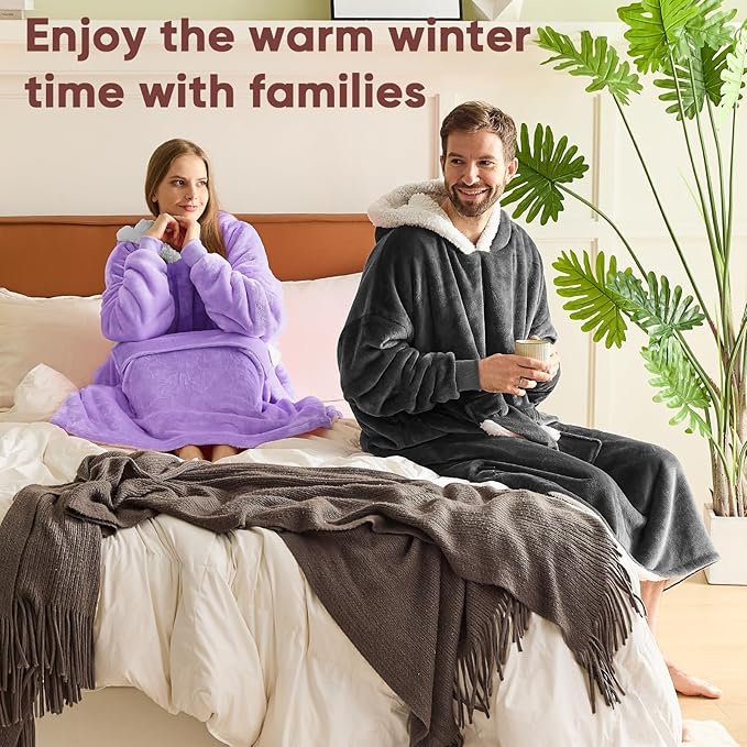 yescool Wearable Blanket Hoodie - birthday gifts for Adults/Women/mom, Flannel Cozy Sherpa Fleece Blanket Sweatshirt with Hood, Pocket & Sleeves, Large, One Size Fits All (Lavender)