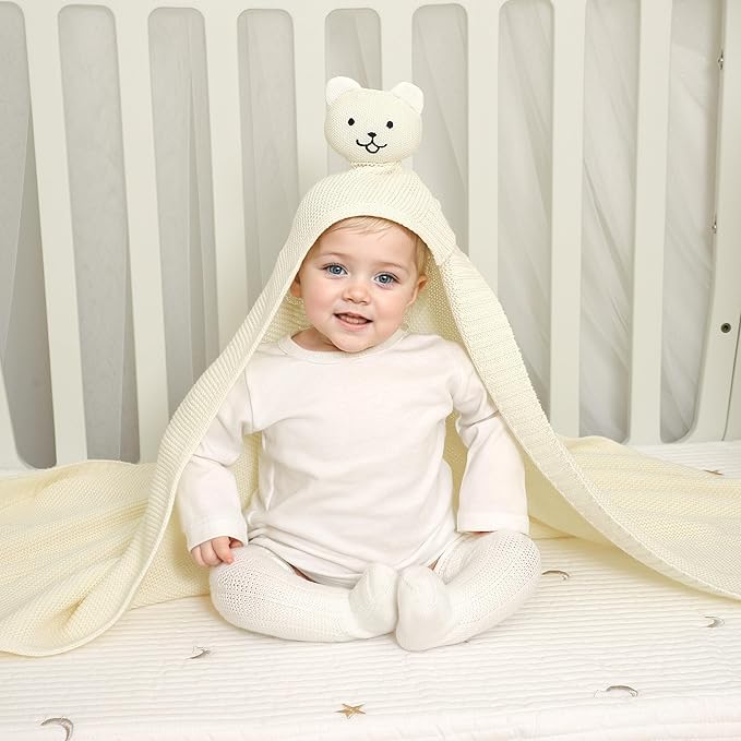 LAWKUL Baby Blanket Bear Lovey Soft Plush Security Blanket for Newborns Infants Boy Girl Knit Snuggle Comfort White 40x30in