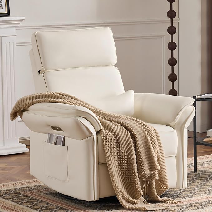 Power Recliner Rocking Chair Nursery Gliders with Adjustable Armrests and Headrest, Swivel Electric Glider Reclining Nursing Chair with USB Port and Storage Bags, FSC Certified(Leather, Beige)