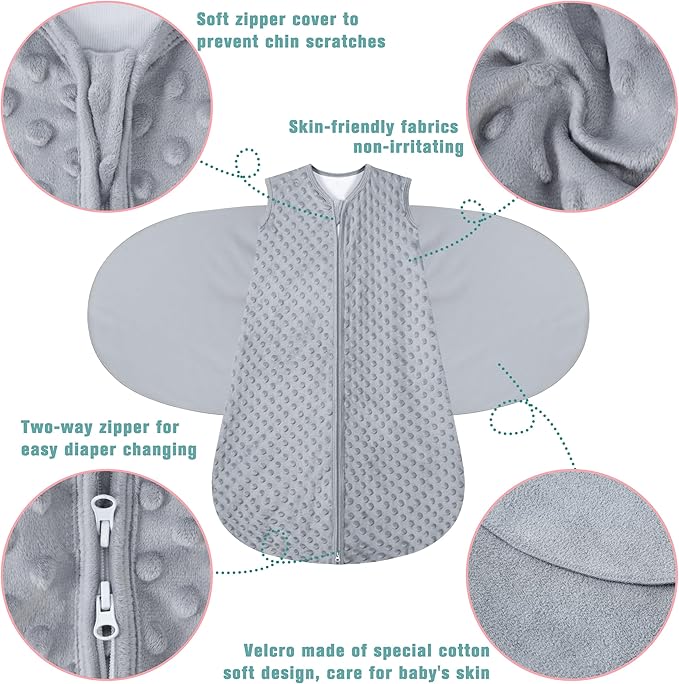 Fleece Newborn Sleep Sack Baby Swaddle,3-Way Adjustable Wearable Blanket,2 Pack Fleece Swaddling Sleeping Bag TOG 2.0, (Gray & Pink, 0-3 Months)