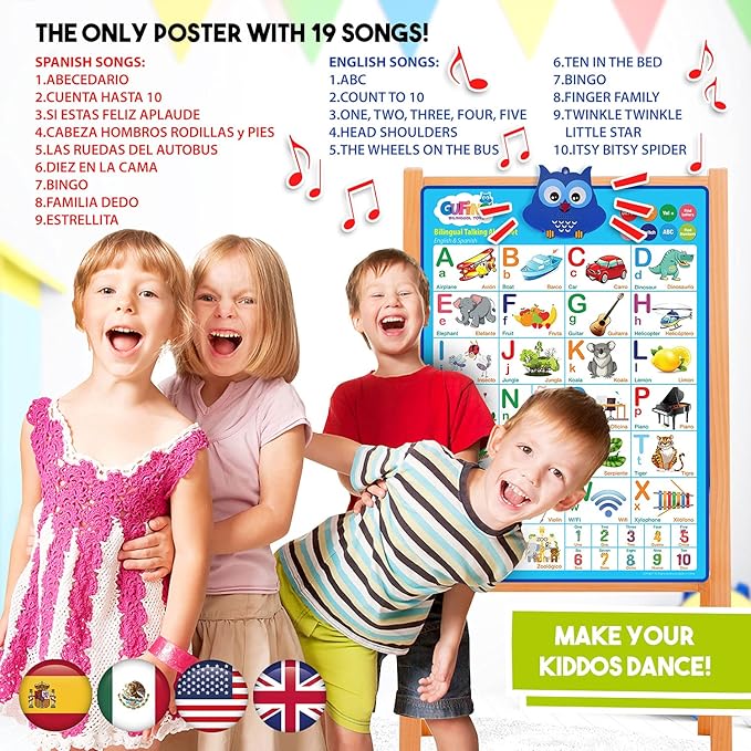 Gufino Alphabet Wall Chart - Bilingual Toys with Interactive Touch Buttons for Independent & Guided Learning - Ideal for Preschool Learning Activities & Spanish Classroom Supplies.
