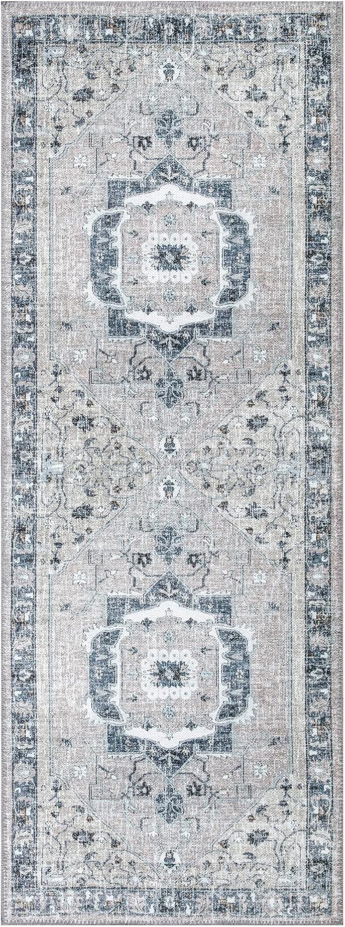 Bloom Rugs Washable Non-Slip 12 ft Runner - Pebble Gray/Blue Traditional Medallion Runner for Entryway, Hallway, Bathroom, and Kitchen - Exact Size: 2.5' x 12'