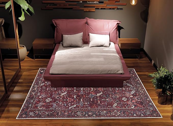 Bloom Rugs Washable Non-Slip 4' x 6' Rug - Burgundy Traditional Bordered Area Rug for Living Room, Bedroom, Dining Room, and Kitchen - Exact Size: 4' x 6'