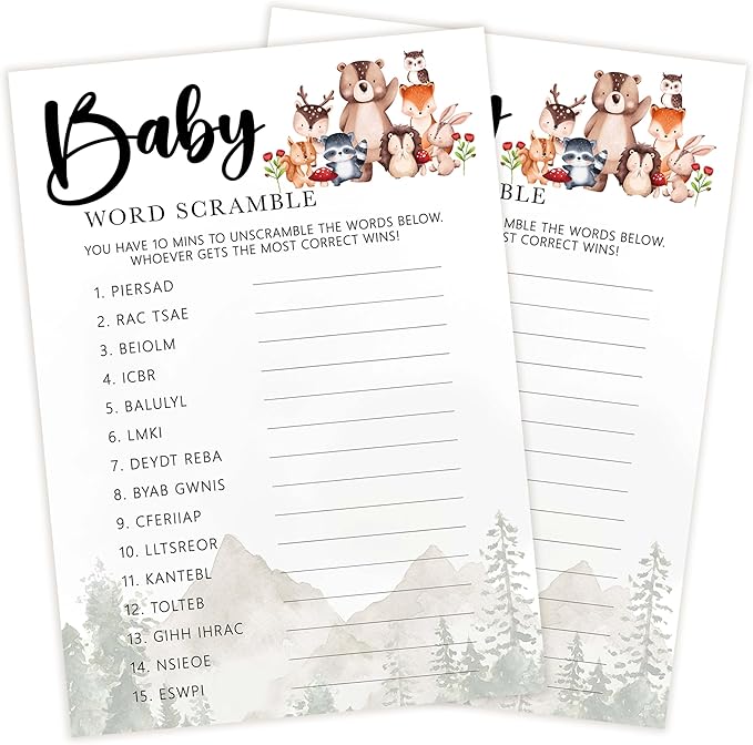 Baby Shower Games for Girl, 30 Safari Animals Baby Word Scramble + 1 Answer Card, Woodland Gender Reveal Party Decorations Supplies Favors - C07