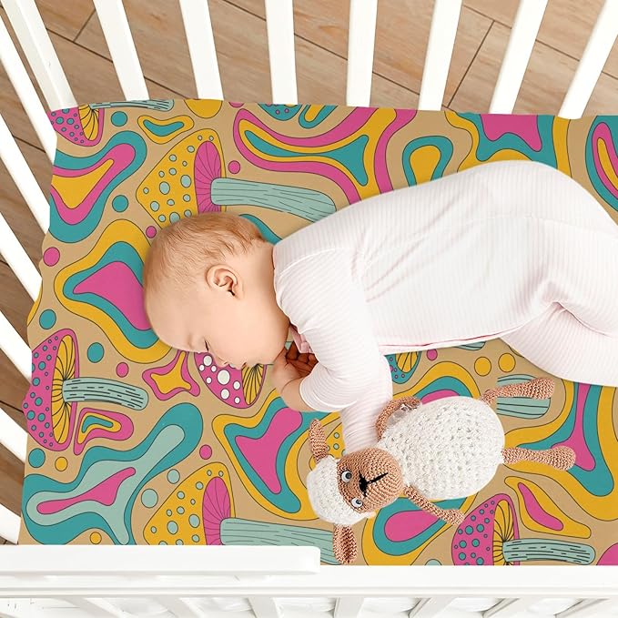 Colorful Mushroom Crib Sheets for Neutral Bassinet Play Sheets,Sheets Toddler Bed Sheets for Baby Boys Girs 39 * 27 * 5in