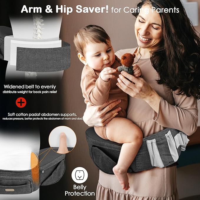 Baby Hip Seat Carrier, Adjustable Waistband with 3D Abdominal Support & Various Pockets Ergonomic Carrier for Newborns to Toddlers up to 33 lbs Medium Dark Grey