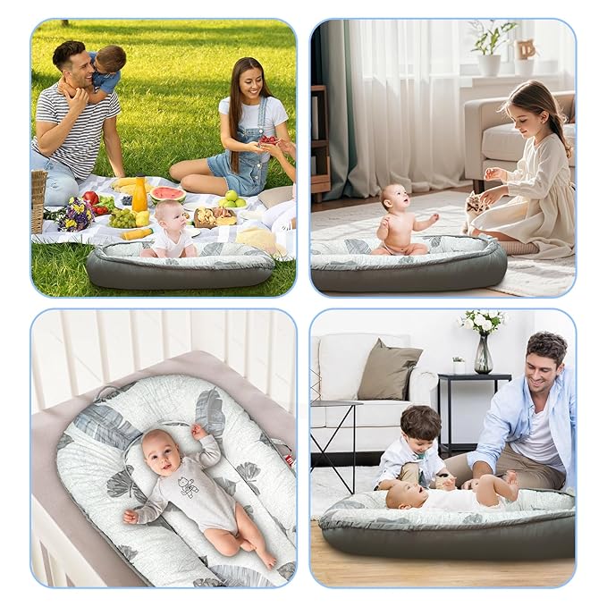 Baby Lounger for Newborn 0-24 Months, Baby Nest Cover Breathable and Soft Cotton, Infant Lounger with U-Shaped Safety Bumper for Cozy Comfort Baby Essentials (Leaves Grey)