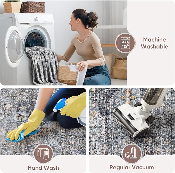 Living Room Rug 6x9 Rug Machine Washable Boho Soft Area Rug Non Slip Vintage Low Pile Large Rug for Living Room, Bedroom, Farmhouse, Dining Room, Kids Playroom(Grey)