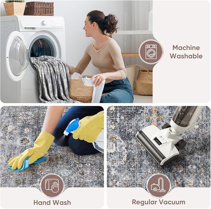 Area Rug 4x6 Rug Washable Boho Rugs Non Slip Low Pile Soft Floral Small Carpet for Bedroom, Bedside, Kids Room, Office, Dining Room(Grey)